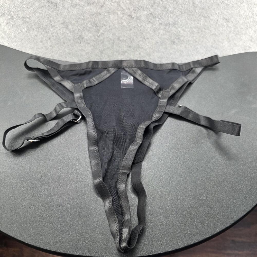 Knotty Panties Womens L Black Thong Mesh Sheer Stretch Strap Lingerie